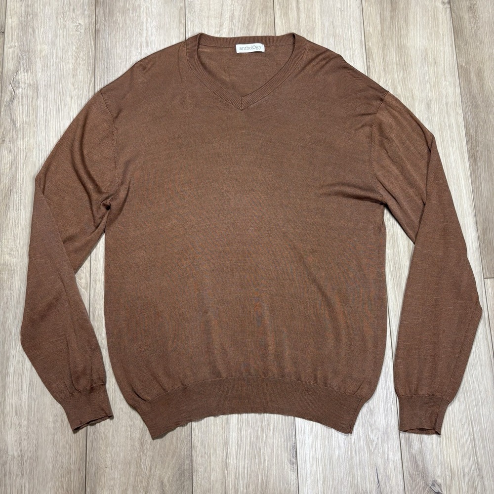 Anthology 100% Silk V Neck Sweater Men's L/XL Brown Textured Knit‎ Long Sleeve